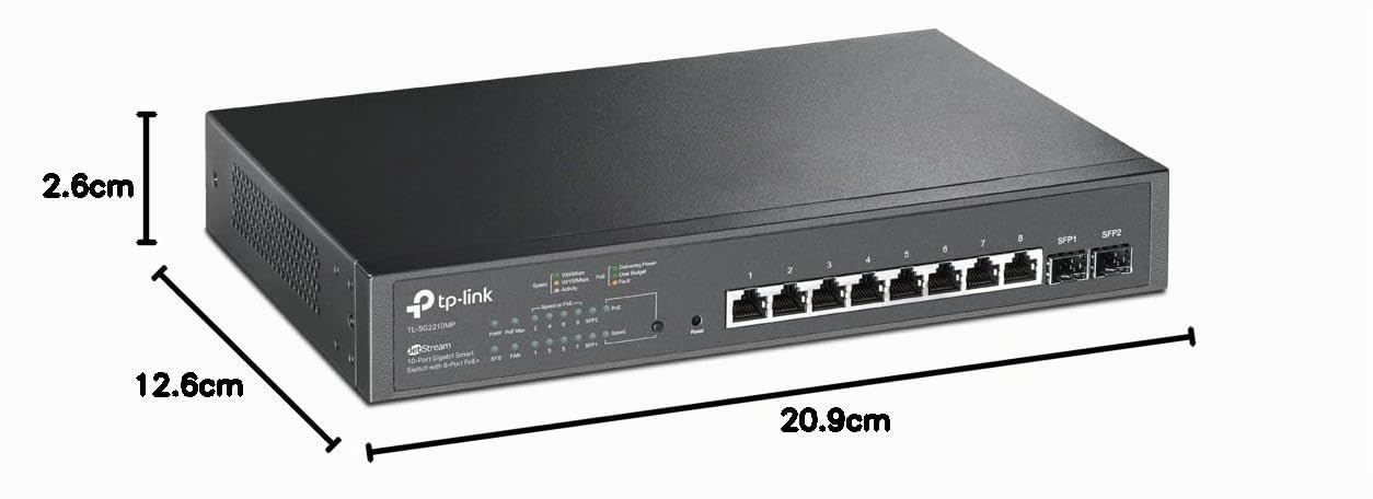 TP-Link TL-SG2210MP JetStream 10-Port Gigabit Smart Switch with 8-Port PoE+, 2 SFP slots (150 W, Rackmount), Black