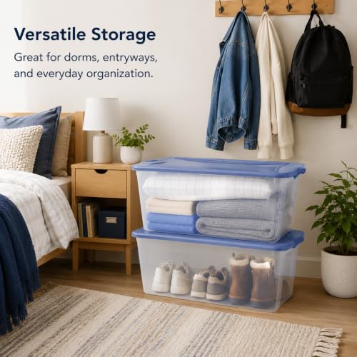 Image of Storage Bins 66 Qt Clear Latching Lid Stackable 6 Pack Blue | Clear Construction with Secure Latches - Easy to see contents without opening. Color latches keep lids firmly attached.