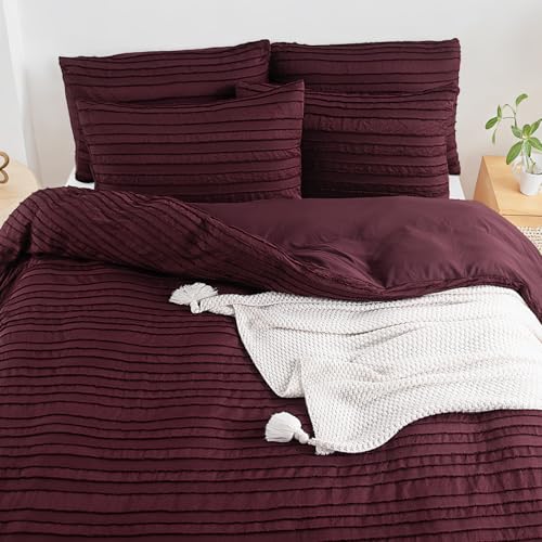 Image of NEXHOME PRO Duvet Cover,3 Pieces Boho Tufted Duvet Cover Set, Soft and Lightweight 100% Washed Microfiber Comforter Cover Set(Burgundy,104 x 98)-No Comforter