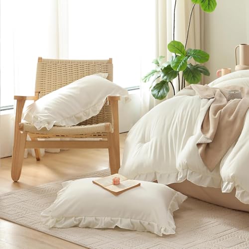 Image of JANZAA Creamy White Comforter Set King - Soft Microfiber, Lightweight All Season Bedding, Ruffle Shabby Chic Aesthetic, Breathable Cozy Bed Set with 2 Pillow Shams, Machine Washable
