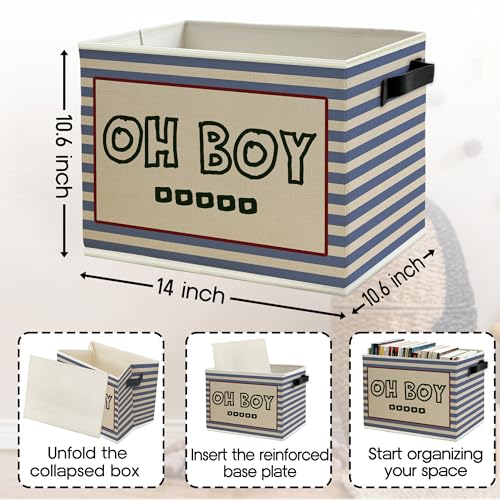 Image of Oh Boy Kids Storage Bins Box with Handles, Retro Blue Striped Collapsible Basket Organizer for Kids Boy Nursery Room Playroom Bedroom Bathroom Books Clothes