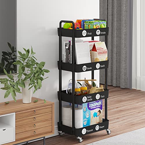 Laiensia 4-Tier Storage Cart,Multifunction Utility Rolling Cart Kitchen Storage Organizer,Mobile Shelving Unit Cart With Lockable Wheels For Bathroom,Laundry,Living Room,With Classified Stickers,Black #TOP5