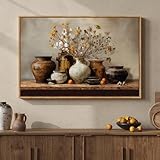 Framed Vintage Floral Pottery Kitchen Wall Art, Farmhouse Rustic Still Life Neutral Canvas Artwork for Walls, Retro Vase Flower Painting Print for Dining Room Bedroom Living Room Wall Decor, 36x24 In