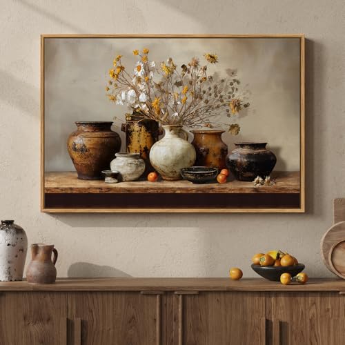 Framed Vintage Floral Pottery Kitchen Wall Art Farmhouse Rustic Still Life Neutral Canvas Artwork for Walls Retro Vase Flower Painting Print for Dining Room Bedroom Living Room Wall Decor 36x24 In