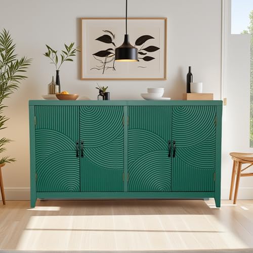 Image of Green Solid Wood Sideboard Buffet Cabinet with Storage - Modern Wave Design with Removable Shelves, for Kitchen, Living Room & Hallway (Green Finish)
