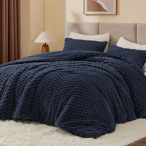 BEDELITE Fluffy King Size Comforter Set - Navy Blue Fleece Soft Comforter for King Size Bed, Luxury Warm Bedding Set for Winter, Fuzzy Bed Set 3 Pieces (1 Comforter, 2 Pillowcases)