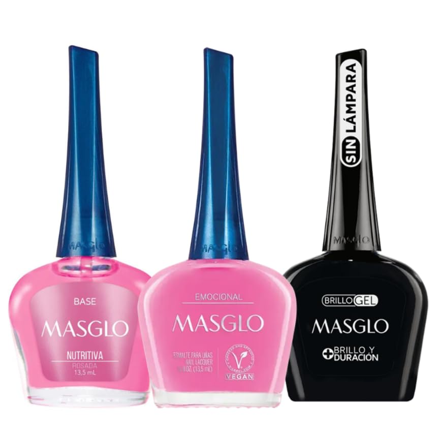 MASGLO Traditional Nail Polish 0.5 Fl. Oz. 3 piece kit with NUTRITIVE ROSE BASE, color EMOCIONAL and TOPCOAT GEL