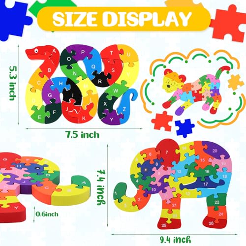 Image of Yunsailing 4 Pcs Alphabet Jigsaw Puzzle Wooden Blocks Toys Alphabet Educational Toddler Puzzle Toys for Preschool Learning Party Favor Gift Learning(Giraffe, Snake, Elephant, Leopard)