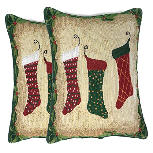 Tache Green Red Festive Christmas Holiday Hang My Stockings by The Fireplace Decorative Woven Tapestry Throw Pillow Cushion Cover, 2 Piece 16 x 16