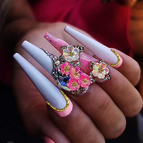 Flower Nail Rhinestones, 6 Pots Mixed Holographic Nail Art Gold Line Leaf Gems Sparkle Metal Charms Set, Iridescent Tiny Artificial Pearl Gold Beads DIY 3D Nail Art Decoration