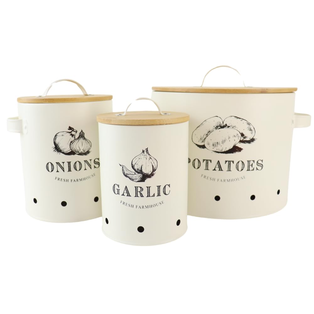 OTIX Vorratsgläser - mit Deckel - Beige - 3er Set - Knoblauchtopf - Zwiebeltopf - Kartoffeltopf - Metall