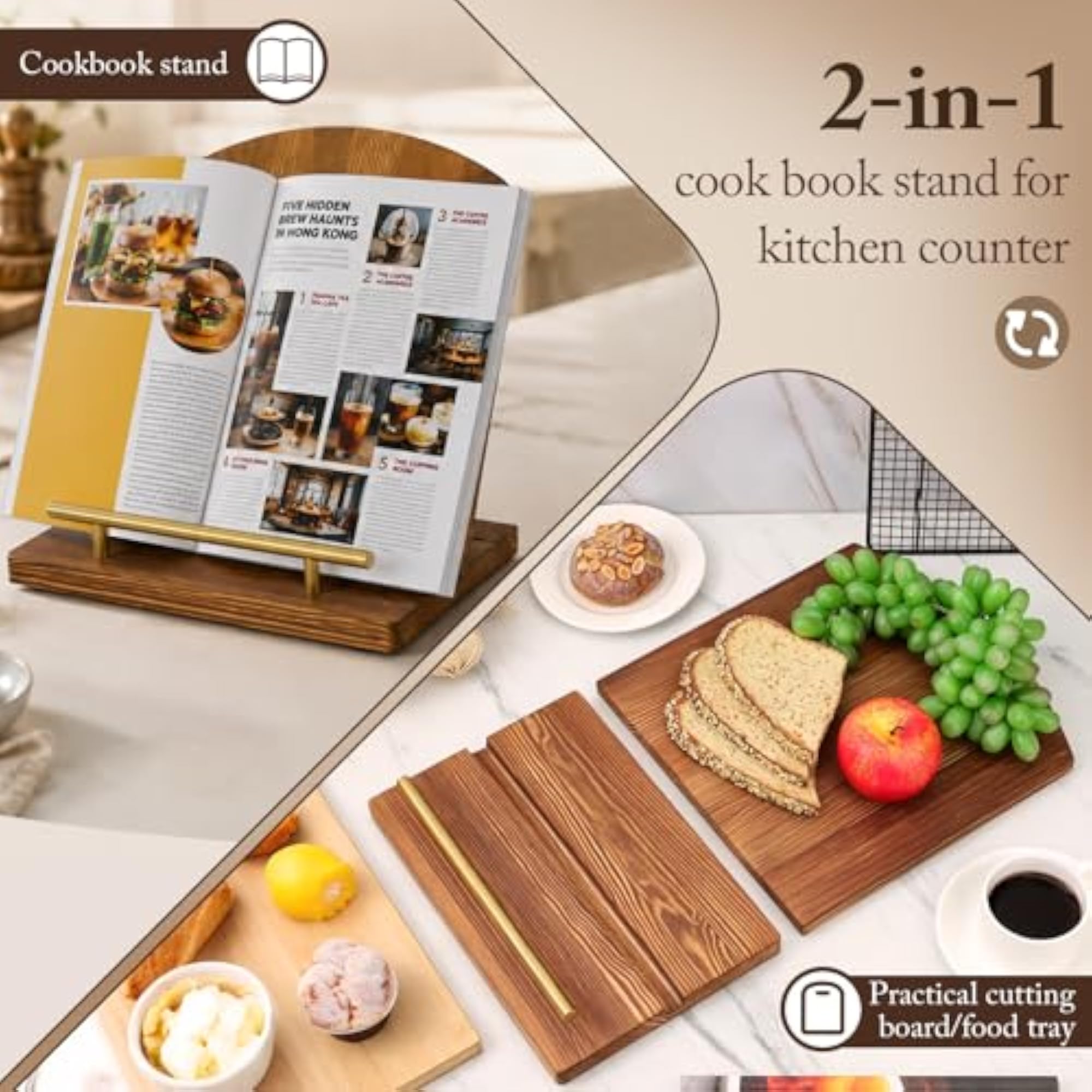 Wooden Cookbook Stand, Foldable Recipe Book Holder, Adjustable Tablet Stand