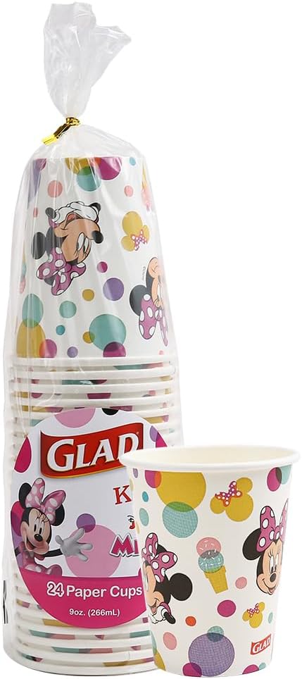Glad for Kids Disney Mickey & Friends Disposable Paper Cups, Minnie Dots - Heavy Duty, Soak Proof, Kid-Friendly Paper Cups for Drinking and Everyday Use, 9 Ounce, 24 Count - 10 Pack