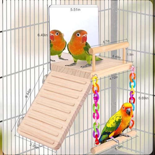 Image of KyoukiBird Perch Platform Bird Toys with Bird Mirror Climbing Ladder Swing, Parakeet Cage Accessories - for Cockatiels, Lovebirds, Budgies,Pacific Parrotlets,Finch,Canaries - Wooden Play Gym