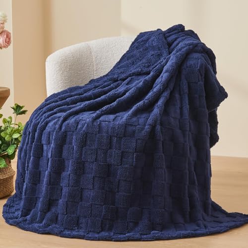 NEWCOSPLAY Super Soft Throw Blanket Dark Navy Premium Silky Flannel Fleece 3D Checkered Lightweight Bed Blanket All Season Use (Dark Navy Checkered, Throw(50"x70"))