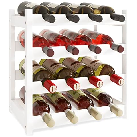 SMIBUY Bamboo Wine Rack, 16 Bottles Display Holder, 4-Tier Free Standing Storage Shelves for Kitchen, Pantry, Cellar, Bar (White) Cover