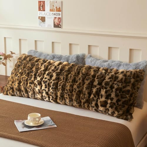 LIFEREVO Leopard Print Faux Rabbit Fur Body Pillow Cover 20 x 54 Cheetah Print Waffle Bubble Bed Pillowcase with Zipper Long Fuzzy Furry Farmhouse Pillow Case for Pregnant Women Side Sleeper Brown