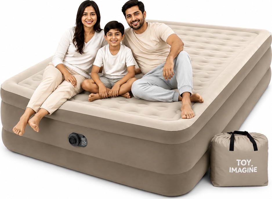 Toy Imagine 6.67ft L x 5ft B Ultra Plush Queen Airbed — Beige Polyester Fiber-Tech Inflatable Air Mattress Bed with Built-in Pump-image-32