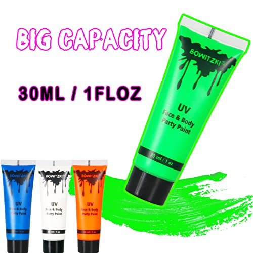Bowitzki Uv Neon Face And Body Paint 8 X 30Ml (1.02Oz) Largest Kit Black Light Glow In The Dark Makeup Set Fluorescent Face Painting For Adults Kids Music Festivals Party Halloween Christmas Blacklight Reactive #TOP3