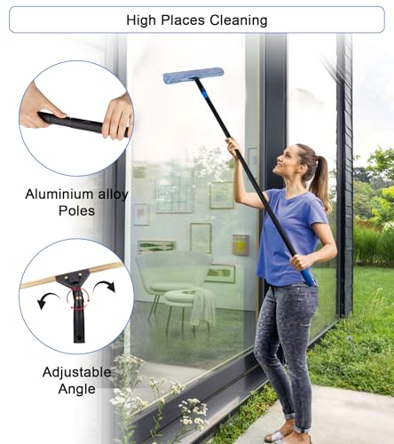 Image of Swivel Squeegee Kit with 4 Extension Poles,Glass Scraper, Bendable Duster, 2 Window Scrubber Cloth for Glass, Car, Floor, Home,Garden