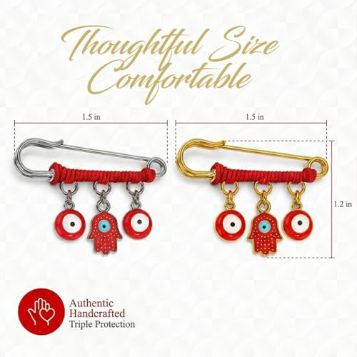 Image of 18K Gold Plated & Silver Tone Red Hamsa Protection Charm Pin - Evil Eye Jewelry for Women, Babies, Infants & Toddlers - Hamsa & Evil Eye Symbol Charm - Red String Lucky Amulet for Good Luck - Fits Stroller & Blanket, 1.5 Inch