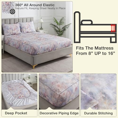 Image of Vintage Floral Percale Sheets, Queen 100% Cotton Shabby Chic Sheet Set, Soft Crisp Purple Flower Bed Sheets, Cozy House Bedding, Deep Pocket Fitted Sheet, White Pink Rose Patterned, 4Pcs