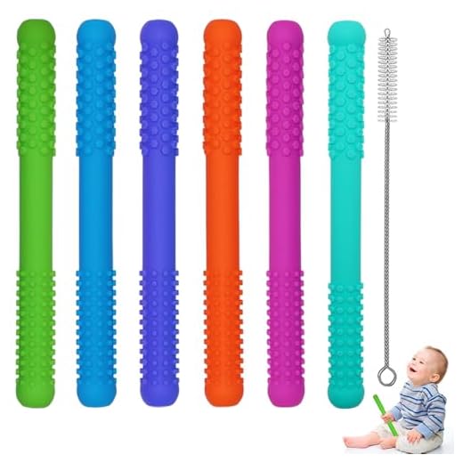 Hollow Teething Tubes Toys for Babies Girls Boys, 5 Pack Silicone Baby Teether Toy Tube for Infants with Nursing Biting Chewing, Chew Straws for Toddlers 6-12 Months (Style A)