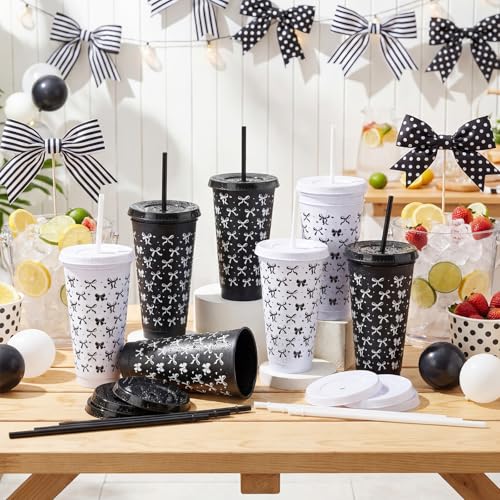 Pickmesh 12 Pcs 24 oz Plastic Cups with Lids and Straws Bulk Gift Reusable Coffee Cups Coffee Tumbler Decoration Birthday Wedding Baby Shower Party Supply (Black and White Coquette) by Pickmesh - Used condition - Image 3