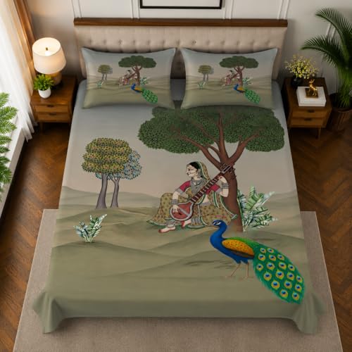 Image of 7D Digital Printed King Size Bedsheet with 2 Pillow Covers | Soft Premium Cotton Feel Microfiber Double Bed Bedsheet | Breathable, Wrinkle Free & Fade Resistant | (Ethnic, KingSize-225x250CM)