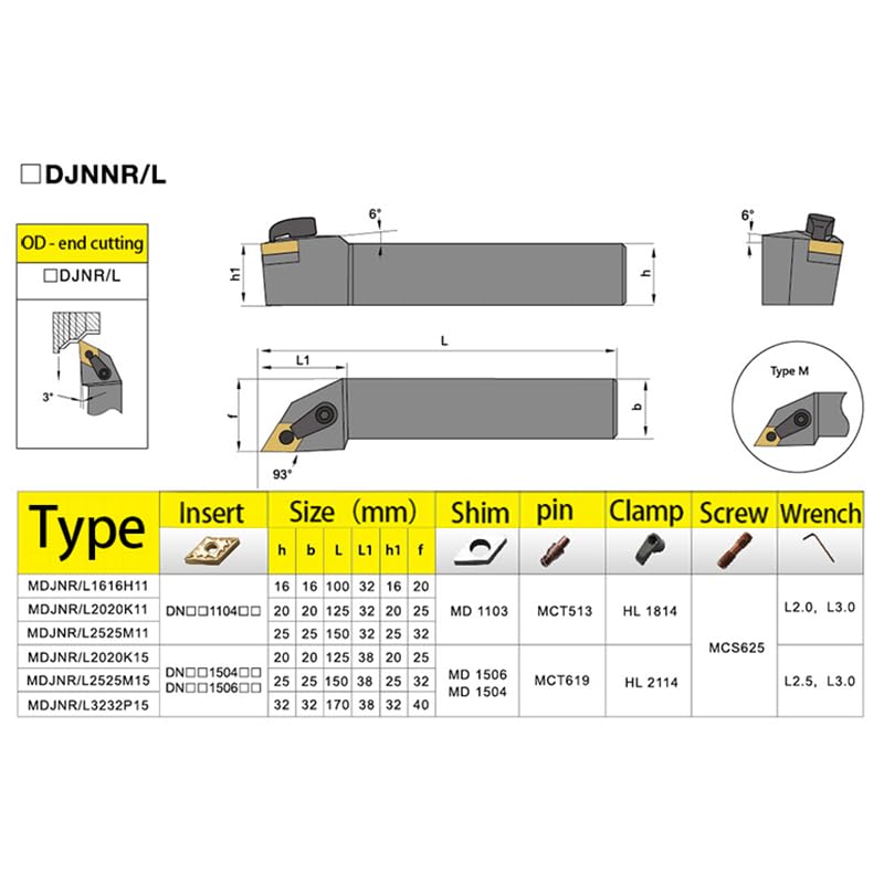 1pc MDJNR1616H11 MDJNR2020K11 MDJNR2525M11 External Turning Tool Holder +10pcs Carbide Inserts DNMG MDJNR CNC Lathe Tool Cutting Tool(MDJNL2020K11,No Insert)