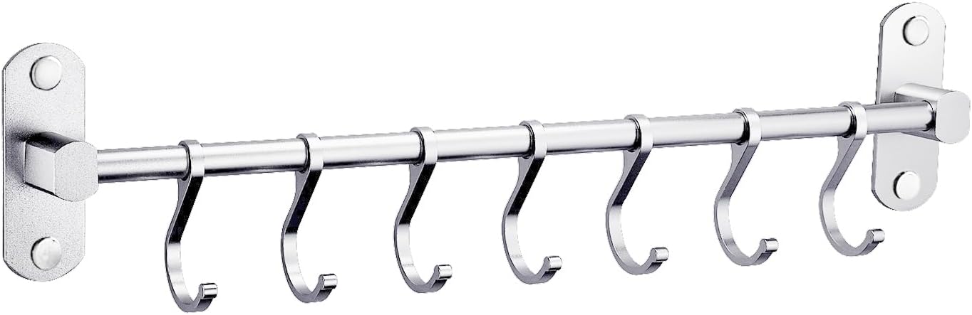 Wangel 7 Hooks Bar for Kitchen Utensil, Towel and Robe, Patented Glue + Self-Adhesive, Aluminium, Matte Finish