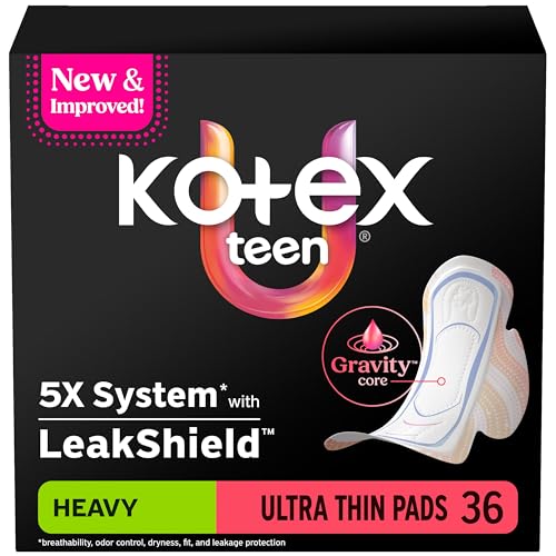 Kotex Ultra Thin Teen Pads with Wings, Heavy Absorbency, 36 Count (Packaging May Vary)
