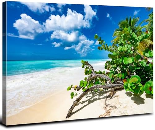Beach Picture Canvas Wall Art Green Plant Palm Trees Artwork Summer Coastal Landscape Wall Decor for Bathroom Tropical Ocean Photo Prints Nature Seascape Framed Posters Bedroom Home Decorations 16x24”