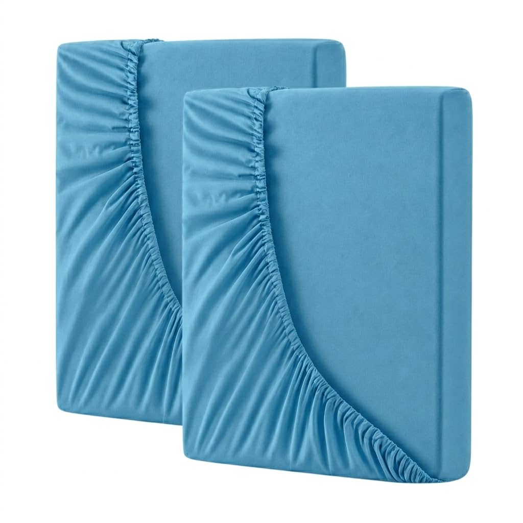 Bold Vision Sky Blue Single 200TC Egyptian Cotton Fitted Sheet, 40cm/16 Inch Extra Deep Elasticated Bed Sheet, Soft Breathable Luxury Hotel Quality Bedding-2Pack