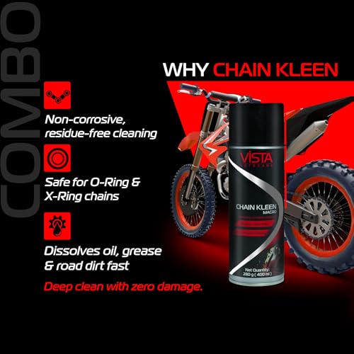 Image of Vista Auto Care Chain Care Combo | Chain Kleen + Chain Lube + Brush | Premium Bike Chain Cleaner & Lubricant Kit | Removes Tough Grease | Prevents Rust | Enhances Chain Life (Chain Care Combo Macro)