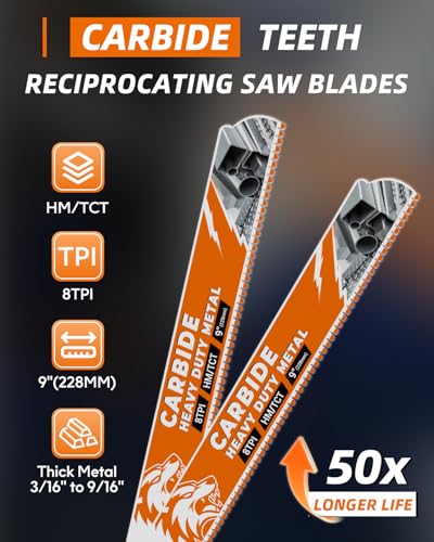 Image of Carbide Reciprocating Saw Blades 3 Pack, 9 Inch 8 TPI Sawzall Blades, for Thick Metal, Metal Pipe, Angle Iron, Rebar