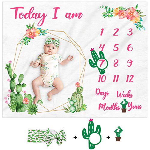 Image of Cactus Baby Milestone Blanket Baby Girl Monthly Photography Blanket Watercolor Newborn Baby Blanket Age Photo Props Soft Fleece Blanket Milestone Newborn Gift Idea Photography Backdrop