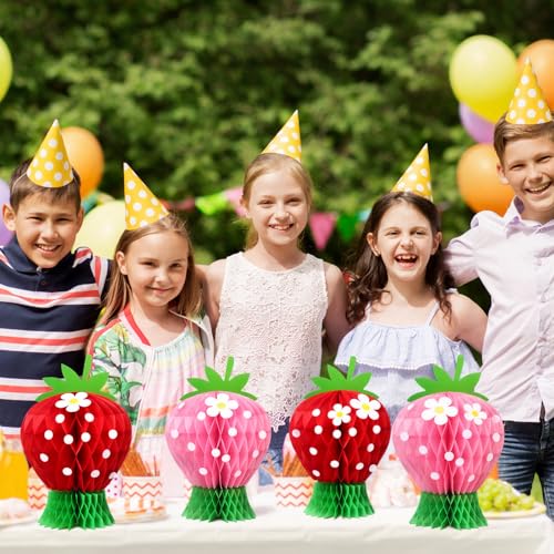 Image of Amyhill 4 Pcs Strawberry Party Decorations Large Strawberry Honeycomb Centerpieces 3D Berry First Table Decor Fruits Paper Honeycomb Decorations for Birthday Summer Shower Party Favor (Pink Red)