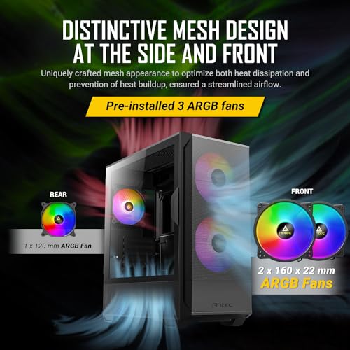 Image of Antec NX416L Mid-Tower ATX Gaming Case with Side Tempered Glass, 2 Pre-Installed 160mm ARGB Fans, 1x 120mm ARGB Fan | PC Cabinet (Black)