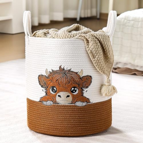 Image of Honeydak Highland Cow Laundry Basket Brown Tall Cotton Rope Laundry Hamper Large Nursery Storage Basket for Toy Clothe Bathroom Bedroom Organization Decor, 15 x 17.7 Inches
