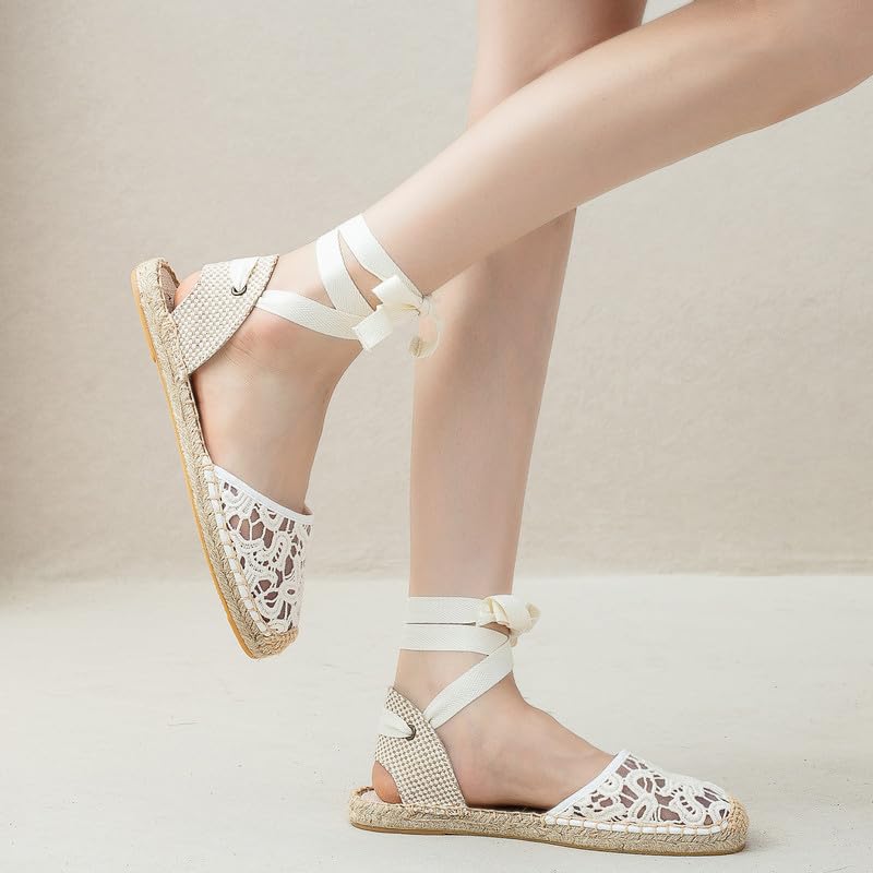 Image of Women's Espadrille FLat Sandals Closed Toe Ankle Wrap,Classic Lace Up Summer Dressy Flat Shoes