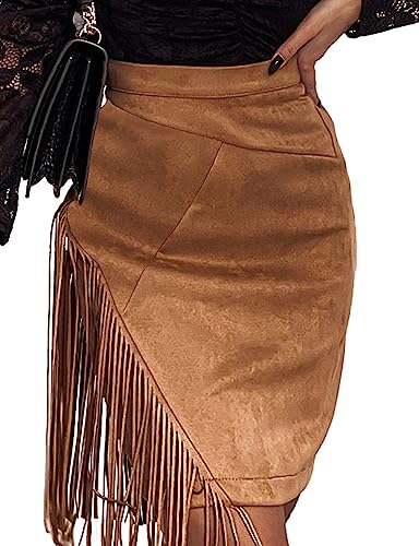 IDEALSANXUN Fringe Suede Skirt for Women Fall Winter High Waisted Faux Leather Tassel Short Mini Skirt, Brown, S