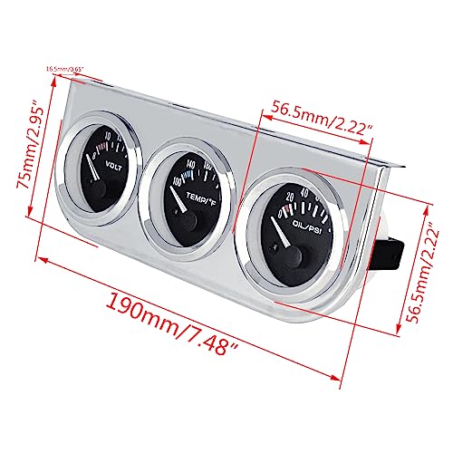 Chrome 3 in1 Triple Auto Gauge Meter Kit 52mm (8-16V Volt Meter +100-250℉ Water Temperature Gauge+ 0-100 psi Oil Pressure Meter) with Black Console for 12V Cars - Image 5