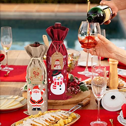 Luxshiny 10pcs Wine Bottle Bags, Christmas Burlap Wine Bags, Wine Bottle Cover with 12pcs Tags and Drawstrings for Christmas Party Housewarming Tastings