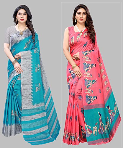 Image of Yashika Women's Combo Art Silk Printed Saree With Blouse Piece Pack Of 2(NAURTA BLUE-MAITHALI PINK)