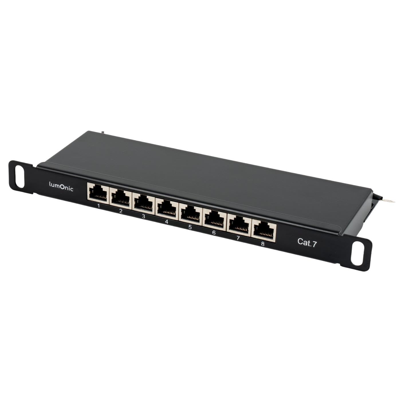 Lumonic 10" Panneau de Brassage CAT7 | 8 Port, Gain de Place 0,5U | Montage LSA, T568A/B avec Code Couleur | Montage en Rack | Panneau de Brassage Noir blindé | Gestion des câbles | 10 Gbit/s PoE
