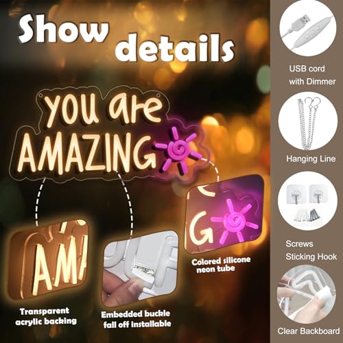 Image of You Are Amazing Neon Sign,Classroom Teen Room Wall decorations | Silicone Light Strips, Acrylic Sheets,USB Interface,Size: 13.6 in* 8.4 in,Wall Decorations in Classrooms and Teengirls' Rooms