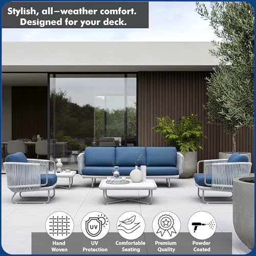 Image of Amazon Brand - Solimo Harbor Outdoor Rope Sofa Set | Balcony Sofa | Patio Conversation Sets | Braided Rope Garden Sofa Set and Table (5 Seater- Grey+ Navy Blue)