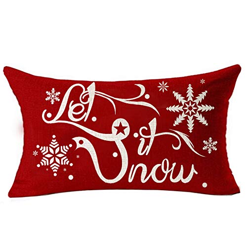 Pack Of 4 Happy Winter Merry Christmas Red Snowflake Let It Snow Cotton Linen Throw Lumbar Pillow Case Cushion Cover Decorative For Sofa Living Room Rectangle 12 X 20 Inches #TOP3