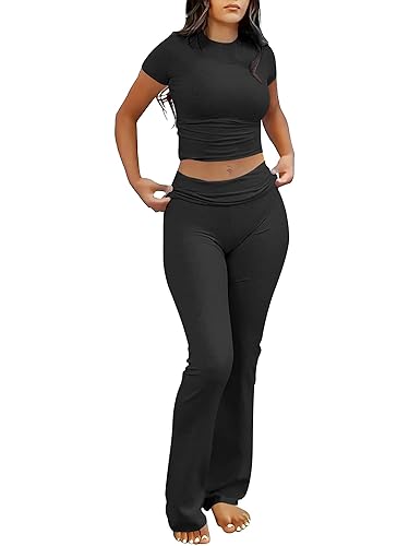 ANRABESS Lounge Sets for Women 2 Piece Foldover Yoga Flare Leggings Pants Crop Tops Casual Y2K Outfits Matching Tracksuit Set